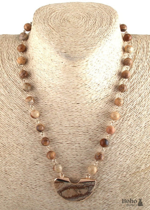 Boho Necklace, RH Rose Quart Amazonite, Half Moon Pink Natural Stone